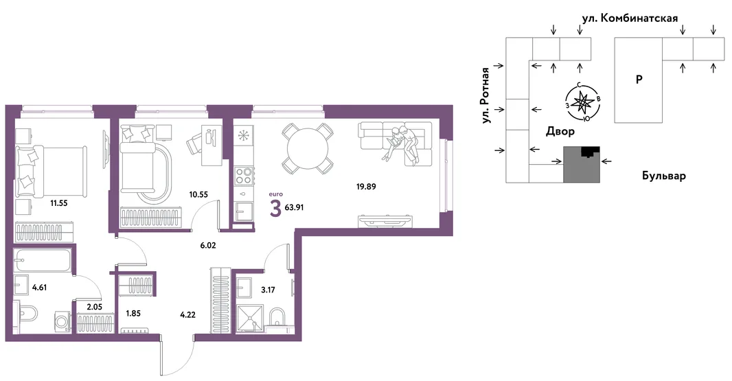 Планировка 3-комн. квартира, 63.31 м² ЖК «Уральский сад»