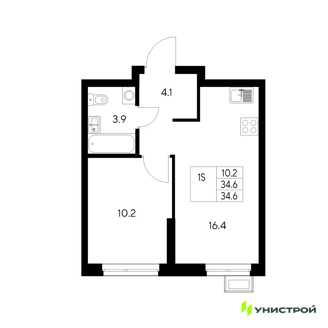 Планировка 1-комн. квартира, 34.6 м² ЖК «Стадиум»