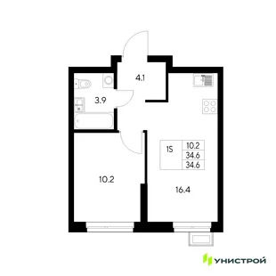 Планировка 1-комн. квартира, 34.6 м² ЖК «Стадиум»