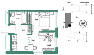 Планировка 2-комн. квартира, 32.41 м² ЖК «Микрорайон Домашний»