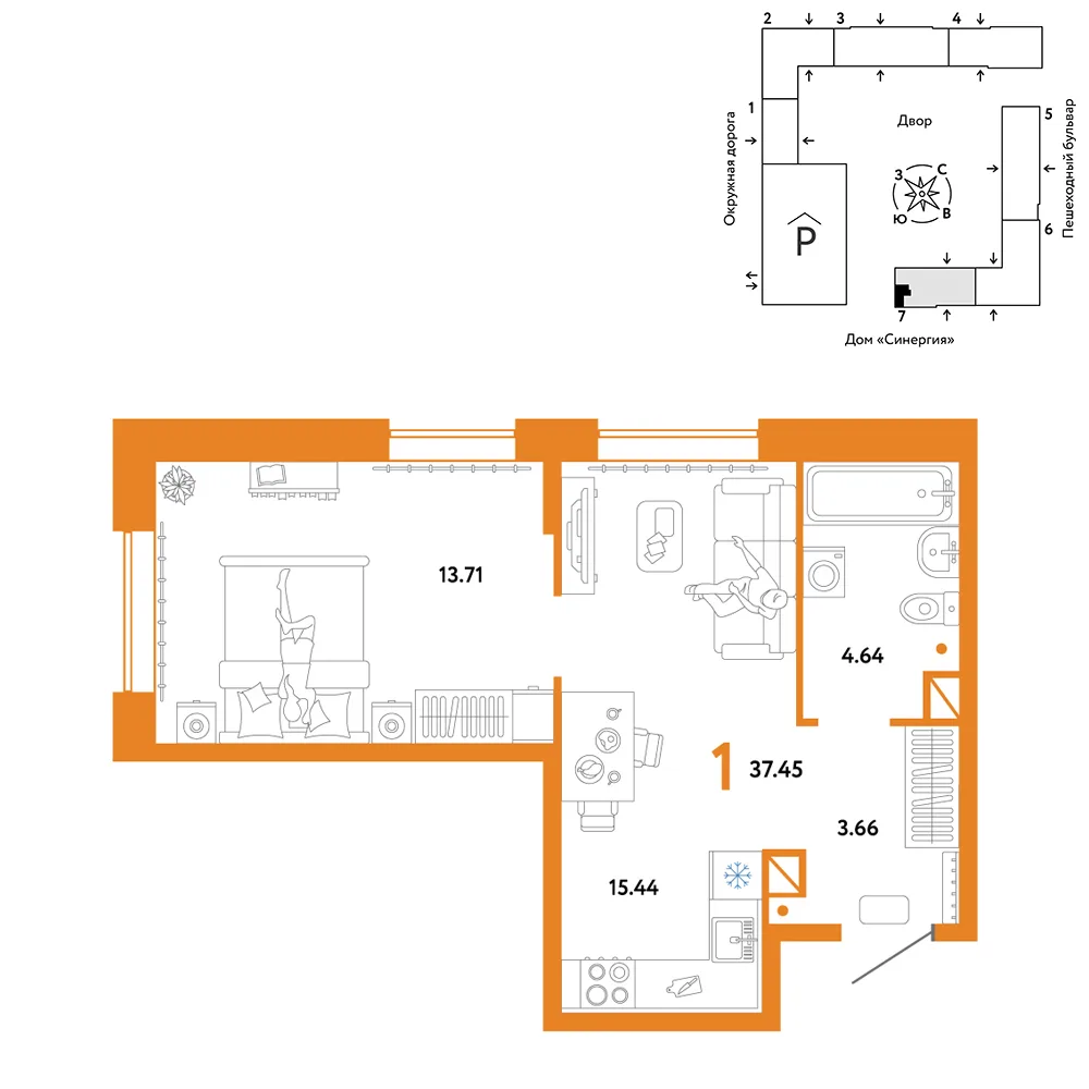 Планировка 1-комн. квартира, 37.45 м² ЖК «Юнион»