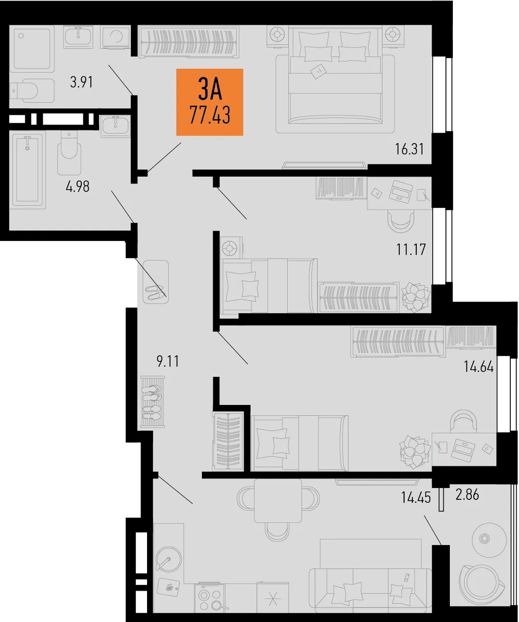 Планировка 3-комн. квартира, 77.43 м² ЖК «Столицыно»