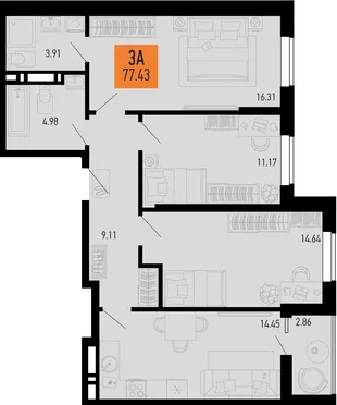 Планировка 3-комн. квартира, 77.43 м² ЖК «Столицыно»