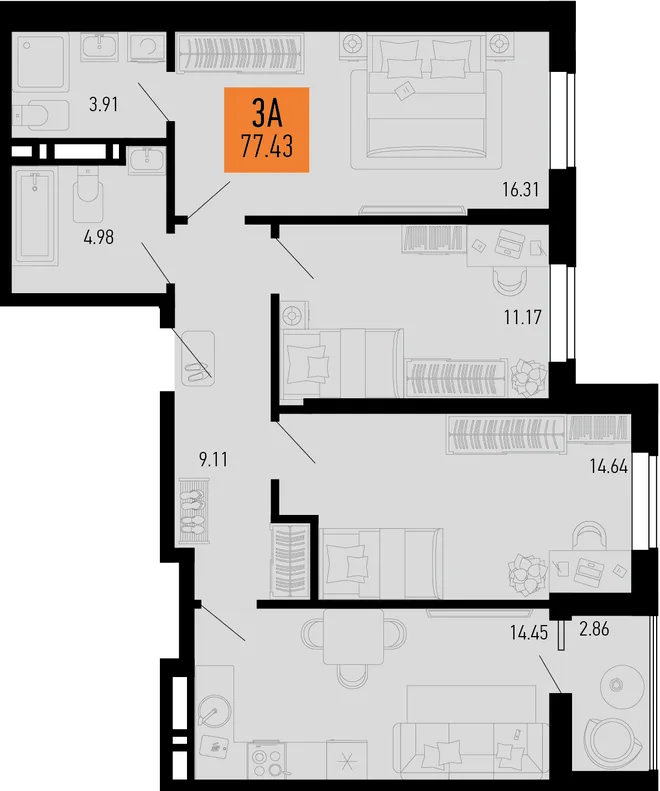 Планировка 3-комн. квартира, 77.43 м² ЖК «Столицыно» Планировка 3-комн. квартира, 77.43 м² ЖК «Столицыно»