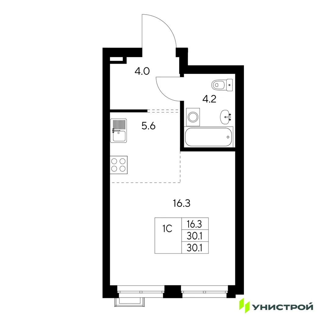 Планировка 1-комн. квартира, 30.1 м² ЖК «Стадиум»