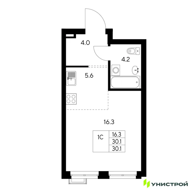 Планировка 1-комн. квартира, 30.1 м² ЖК «Стадиум»