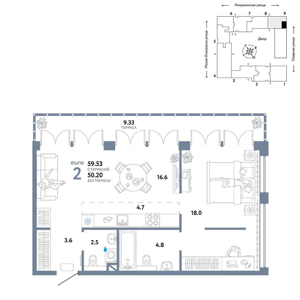 Планировка 2-комн. квартира, 59.53 м² ЖК «Страна.Озёрная»