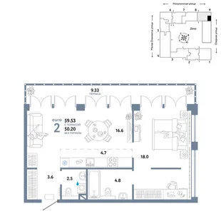 Планировка 2-комн. квартира, 59.53 м² ЖК «Страна.Озёрная»