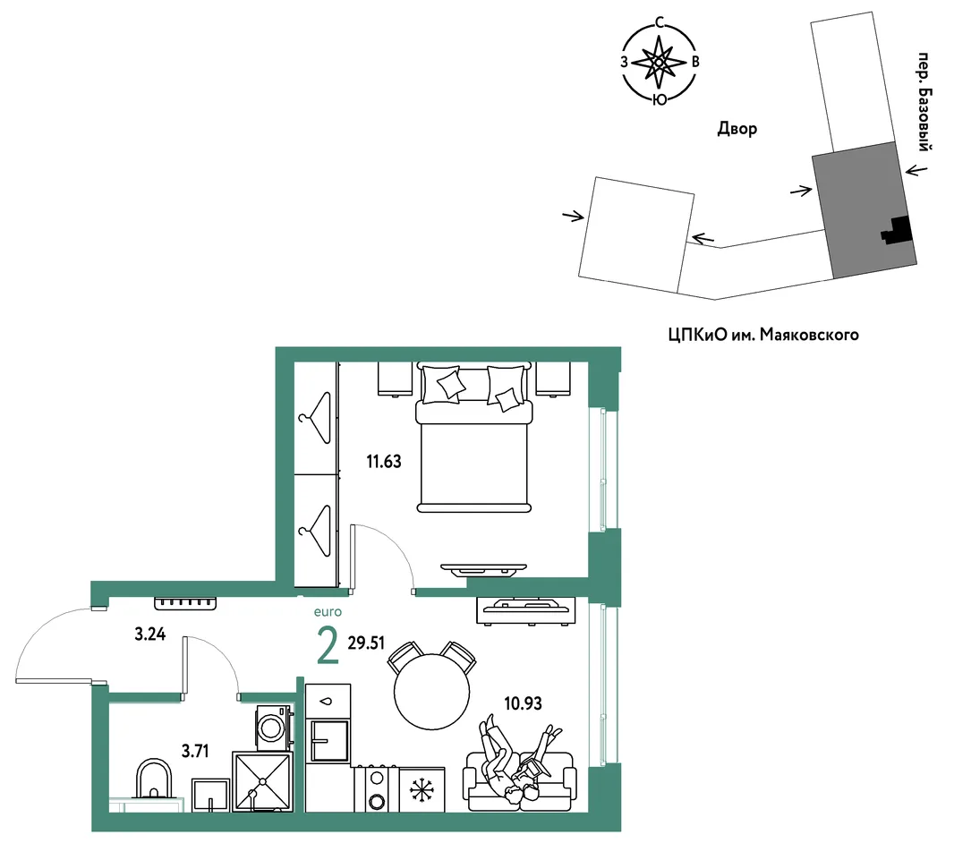 Планировка 2-комн. квартира, 29.51 м² ЖК «Сибирский сад»
