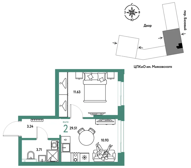 Планировка 2-комн. квартира, 29.51 м² ЖК «Сибирский сад» Планировка 2-комн. квартира, 29.51 м² ЖК «Сибирский сад»