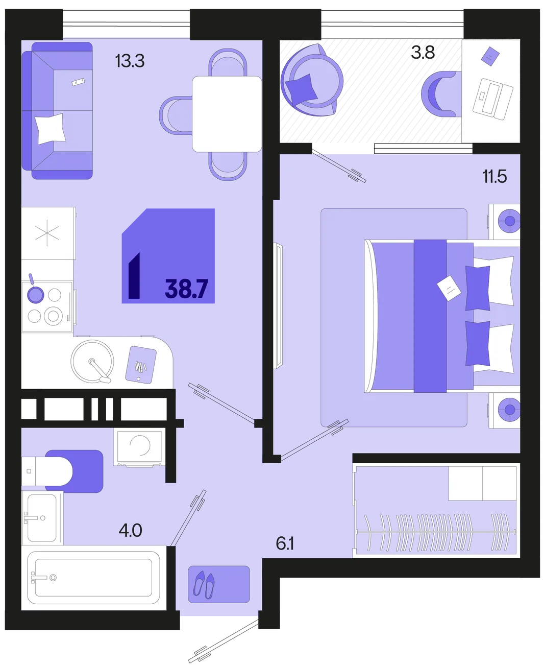 Планировка 1-комн. квартира, 38.7 м² ЖК «Первое место»