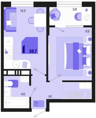 Планировка 1-комн. квартира, 38.7 м² ЖК «Первое место»