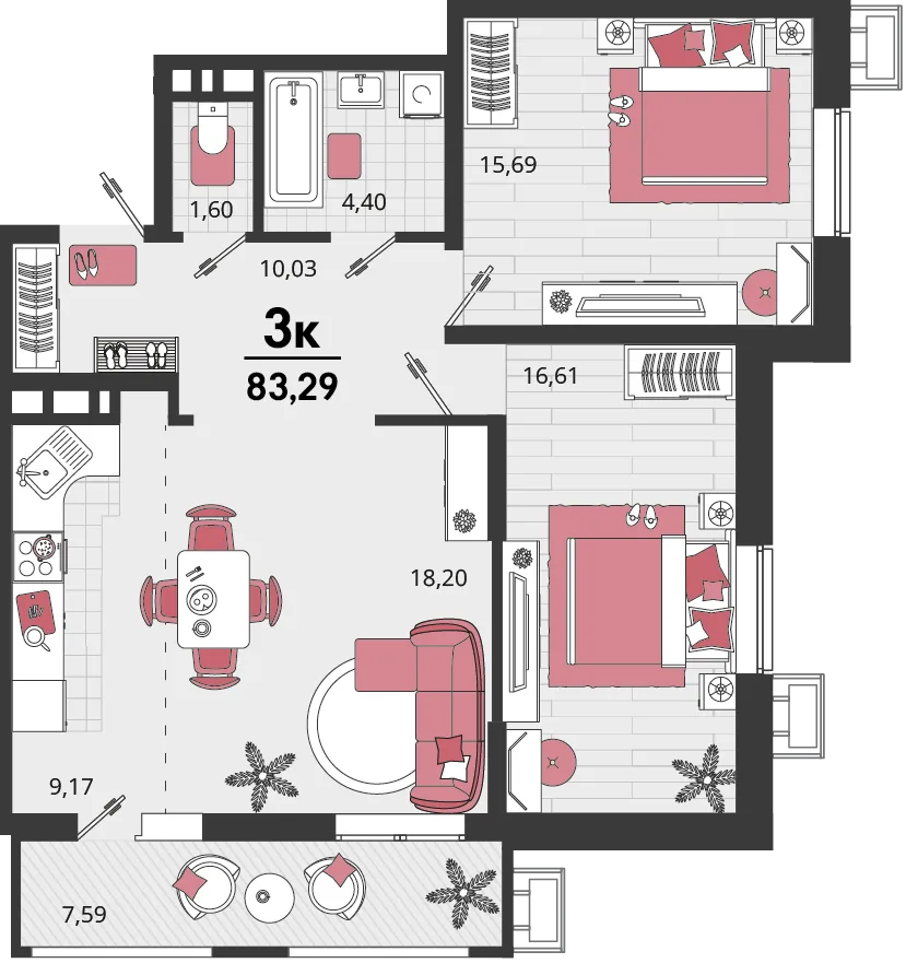 Планировка 3-комн. квартира, 83.29 м² ЖК «Родные просторы»