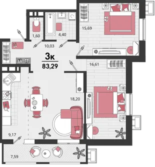 Планировка 3-комн. квартира, 83.29 м² ЖК «Родные просторы»