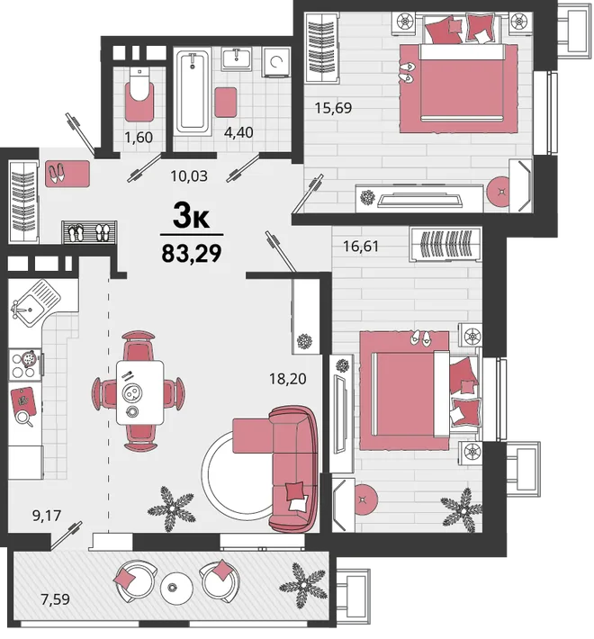 Планировка 3-комн. квартира, 83.29 м² ЖК «Родные просторы» Планировка 3-комн. квартира, 83.29 м² ЖК «Родные просторы»