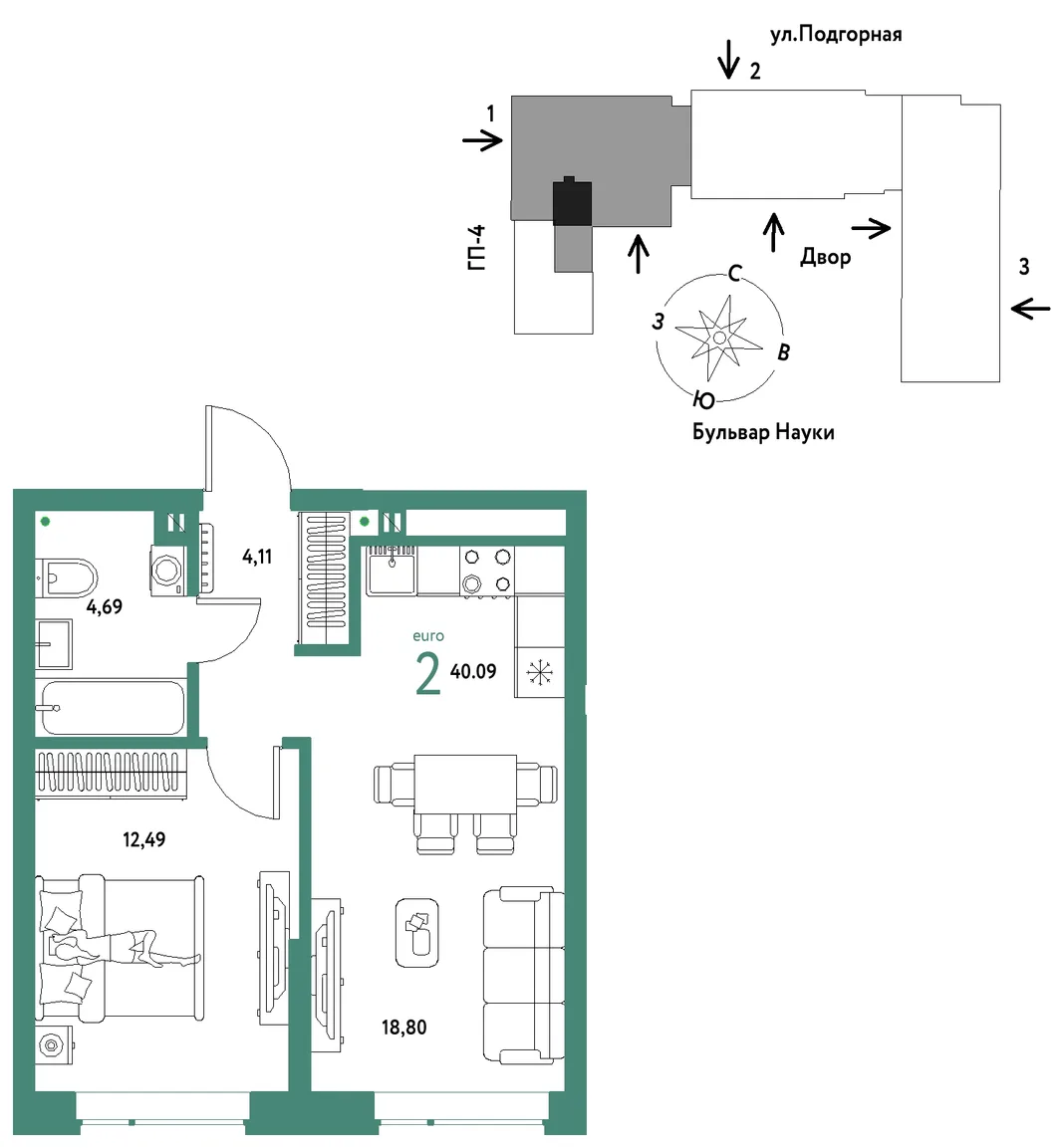 Планировка 2-комн. квартира, 40.09 м² ЖК «Авторский»