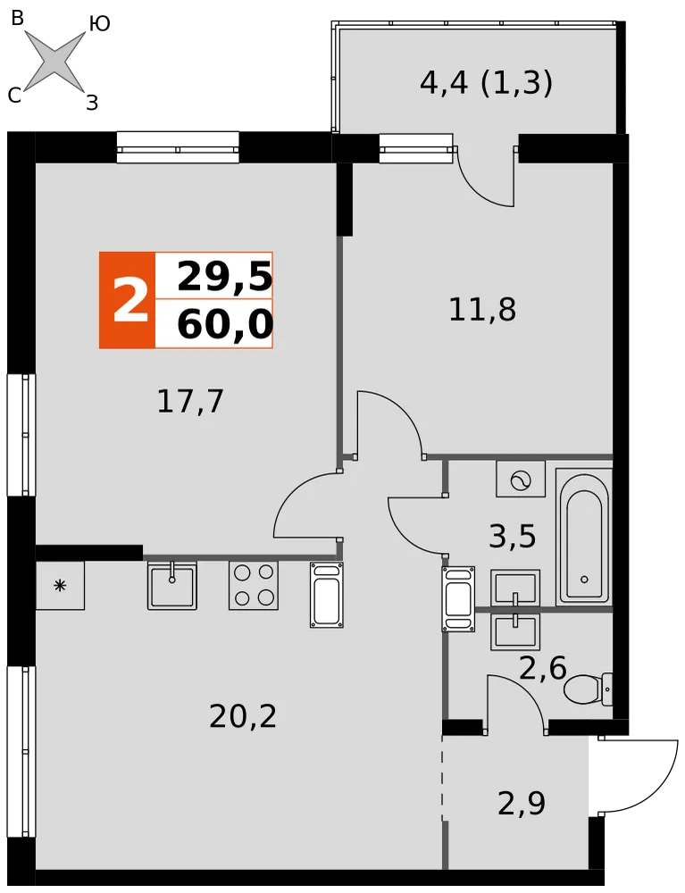Планировка 2-комн. квартира, 60 м² ЖК «Олимп»