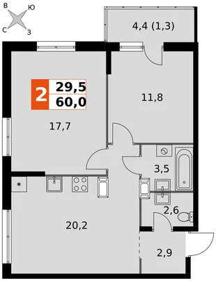 Планировка 2-комн. квартира, 60 м² ЖК «Олимп»