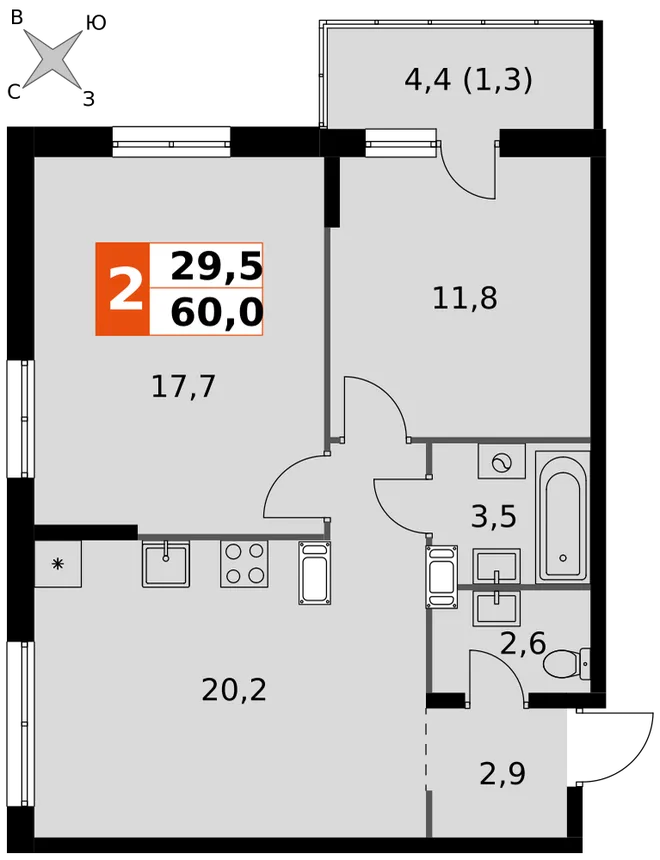 Планировка 2-комн. квартира, 60 м² ЖК «Олимп» Планировка 2-комн. квартира, 60 м² ЖК «Олимп»