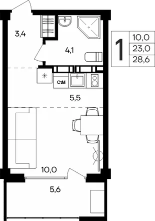 Планировка 1-комн. квартира, 28.6 м² Апарт-комплекс «Альморе»