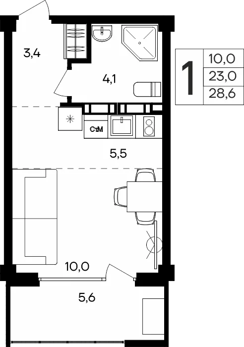 Планировка 1-комн. квартира, 28.6 м² Апарт-комплекс «Альморе»