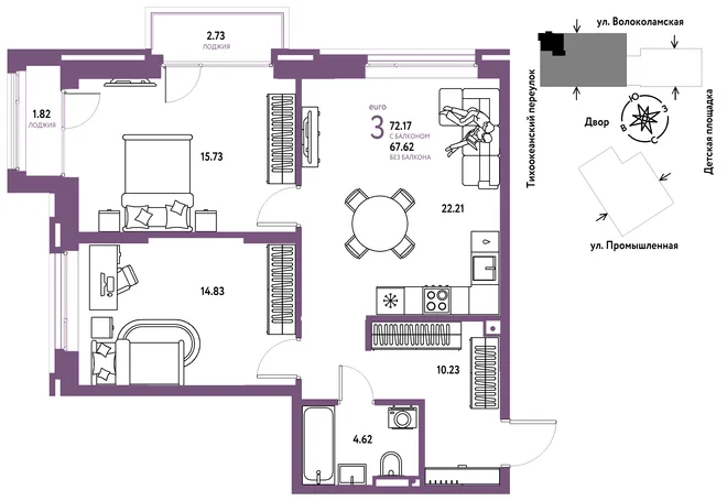 Планировка 3-комн. квартира, 72.17 м² ЖК «Страна Прибрежная» Планировка 3-комн. квартира, 72.17 м² ЖК «Страна Прибрежная»