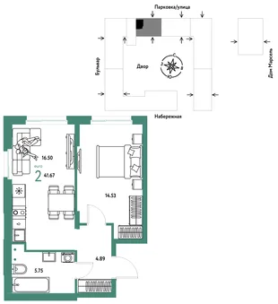 Планировка 2-комн. квартира, 41.67 м² ЖК «Европейский берег 2.0»