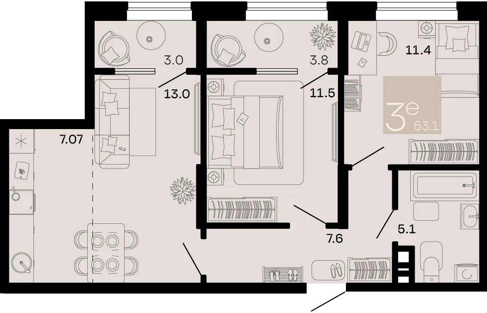 Планировка 3-комн. квартира, 63.1 м² ЖК «Хозяин морей»