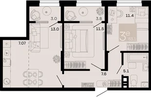 Планировка 3-комн. квартира, 63.1 м² ЖК «Хозяин морей»