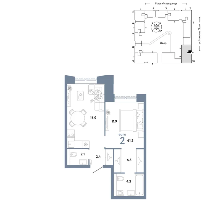 Планировка 2-комн. квартира, 41.2 м² ЖК «Страна.Заречная» Планировка 2-комн. квартира, 41.2 м² ЖК «Страна.Заречная»