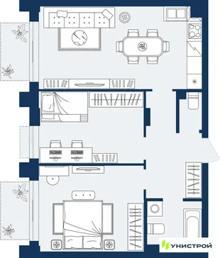 Планировка 2-комн. квартира, 62.59 м² ЖК «ГРАНД БЕРЕГ»