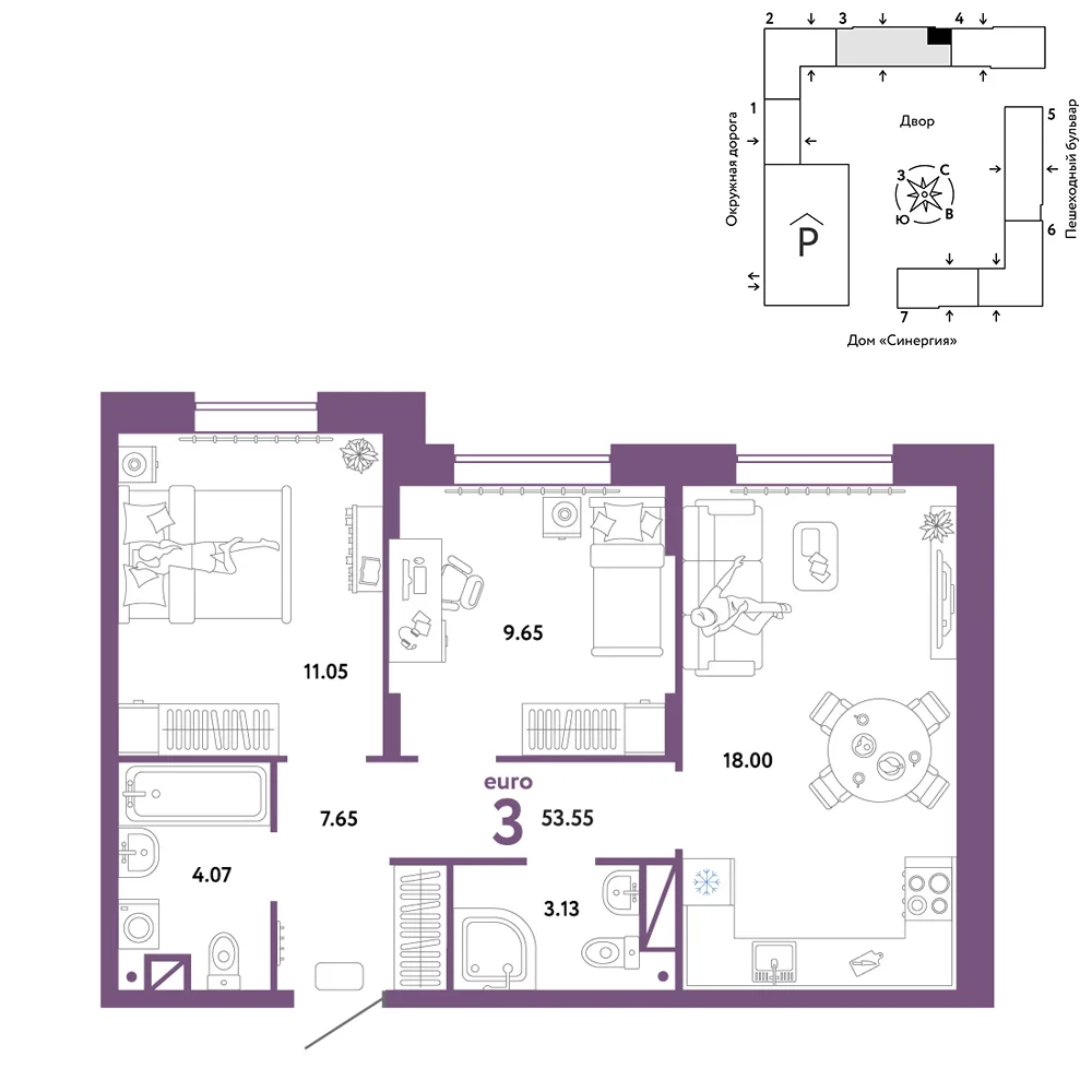 Планировка 3-комн. квартира, 53.55 м² ЖК «Юнион»