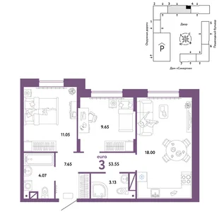Планировка 3-комн. квартира, 53.55 м² ЖК «Юнион»