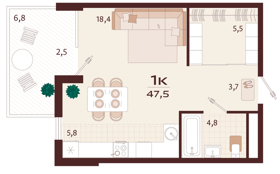 Планировка 1-комн. квартира, 47.5 м² ЖК «Роялта»
