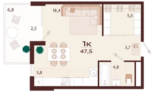 Планировка 1-комн. квартира, 47.5 м² ЖК «Роялта»