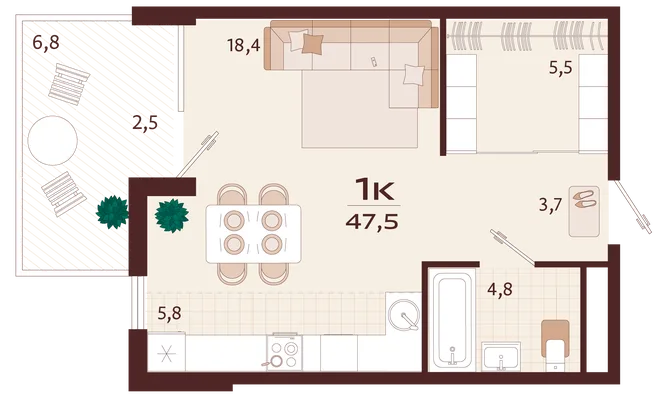 Планировка 1-комн. квартира, 47.5 м² ЖК «Роялта» Планировка 1-комн. квартира, 47.5 м² ЖК «Роялта»