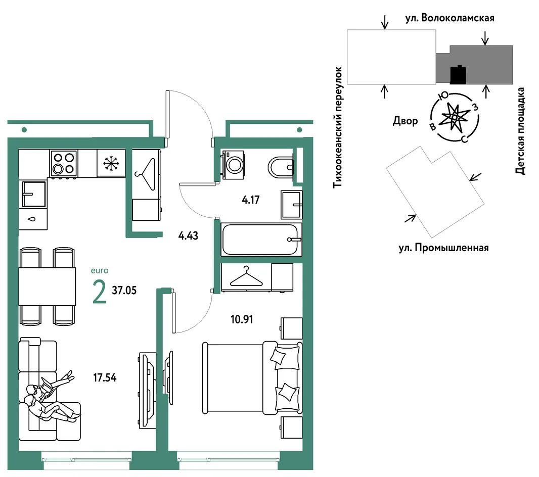 Планировка 2-комн. квартира, 37.05 м² ЖК «Страна Прибрежная»