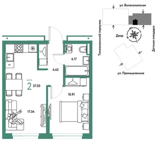 Планировка 2-комн. квартира, 37.05 м² ЖК «Страна Прибрежная»