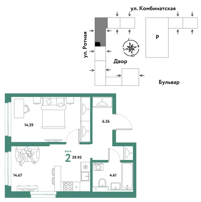 Планировка 2-комн. квартира, 39.93 м² ЖК «Уральский сад» Планировка 2-комн. квартира, 39.93 м² ЖК «Уральский сад»