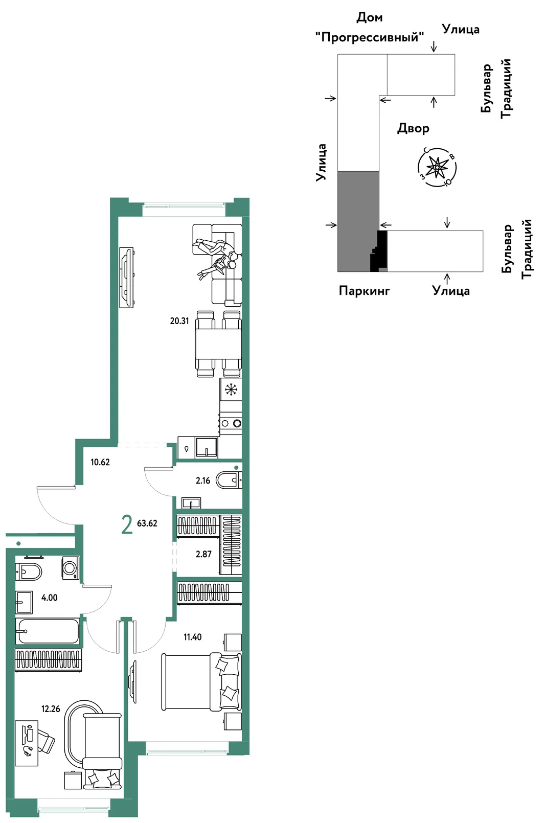Планировка 2-комн. квартира, 63.62 м² ЖК «Микрорайон Домашний»