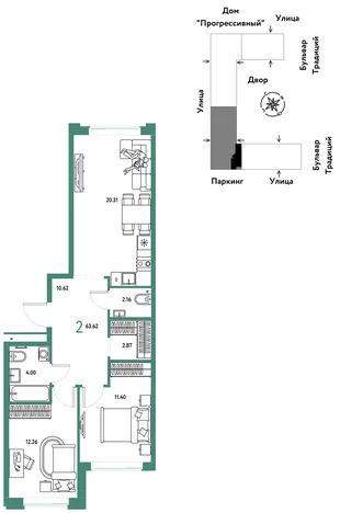 Планировка 2-комн. квартира, 63.62 м² ЖК «Микрорайон Домашний»