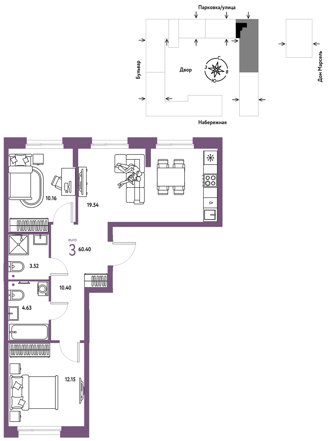Планировка 3-комн. квартира, 60.4 м² ЖК «Европейский берег 2.0»