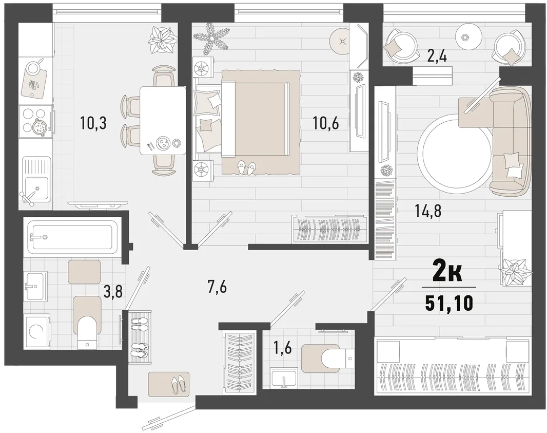 Планировка 2-комн. квартира, 51.1 м² ЖК «Барса»