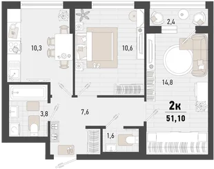 Планировка 2-комн. квартира, 51.1 м² ЖК «Барса»