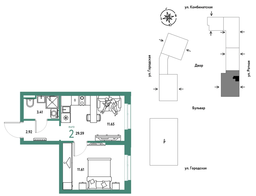 Планировка 2-комн. квартира, 29.59 м² ЖК «Уральский сад»