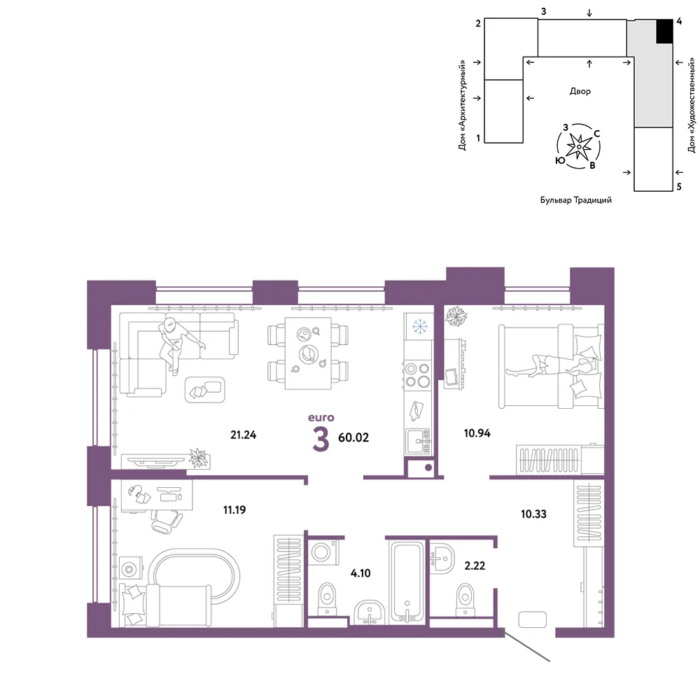 Планировка 3-комн. квартира, 60.02 м² ЖК «Микрорайон Домашний»
