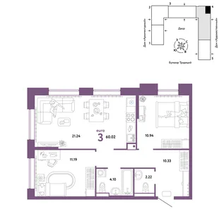 Планировка 3-комн. квартира, 60.02 м² ЖК «Микрорайон Домашний»