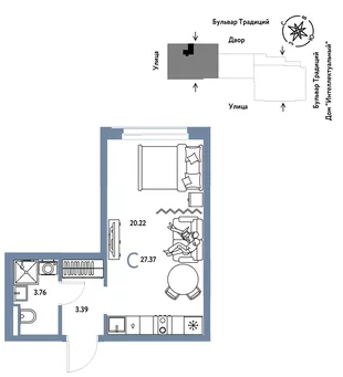 Планировка Студия, 27.37 м² ЖК «Микрорайон Домашний»