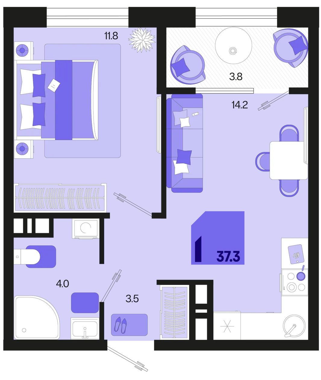 Планировка 1-комн. квартира, 37.3 м² ЖК «Первое место»