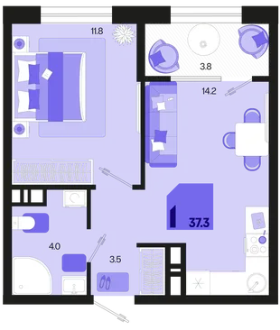 Планировка 1-комн. квартира, 37.3 м² ЖК «Первое место»